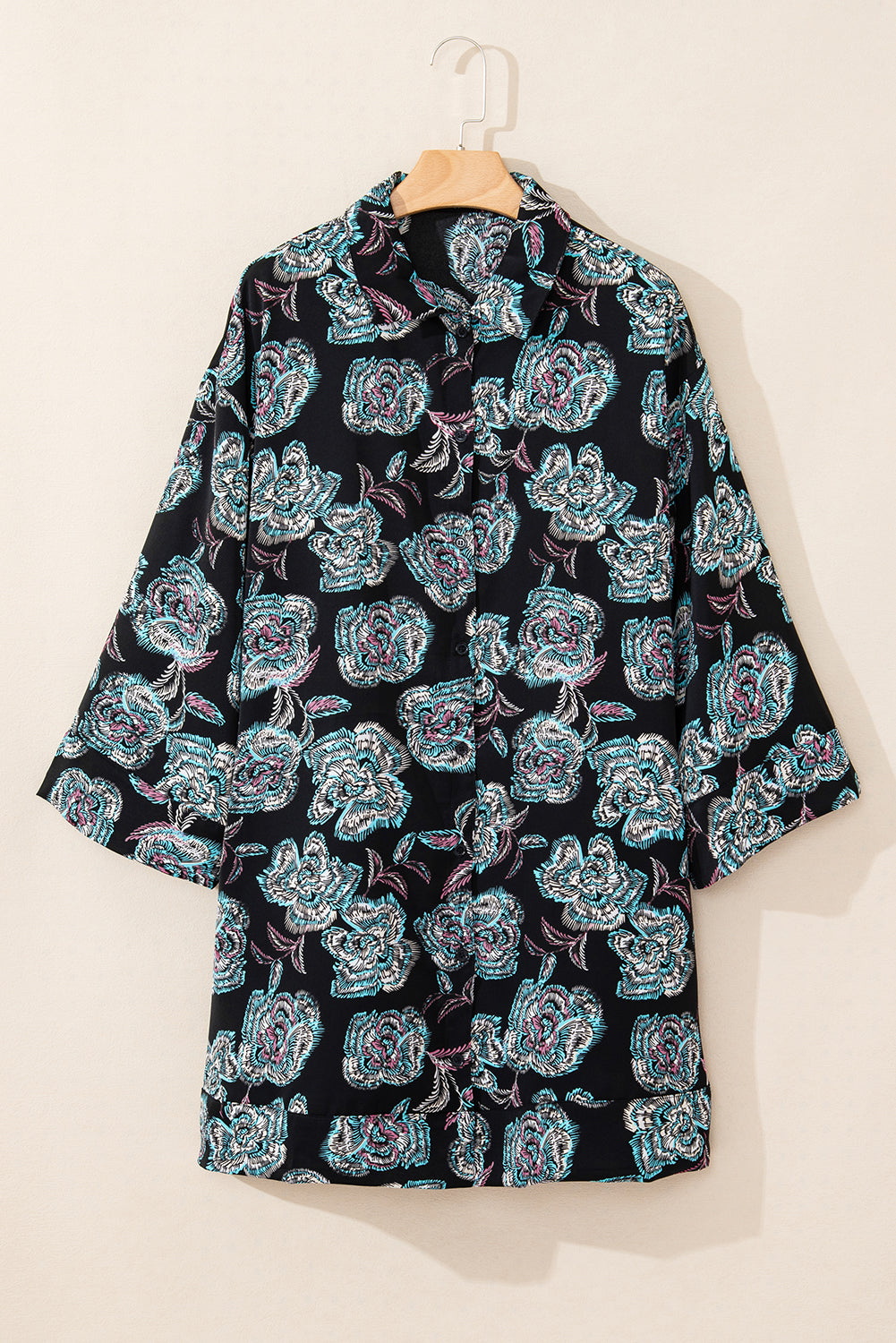 Black Floral Print Lapel Collar Loose Shirt Mini Dress Floral Dresses JT's Designer Fashion