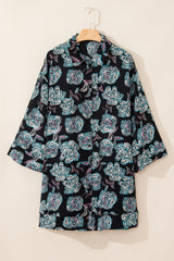 Black Floral Print Lapel Collar Loose Shirt Mini Dress Floral Dresses JT's Designer Fashion
