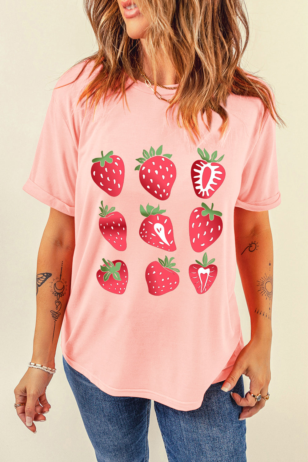 Pink Strawberry Fruit Pattern Graphic Tee Graphic Tees JT's Designer Fashion