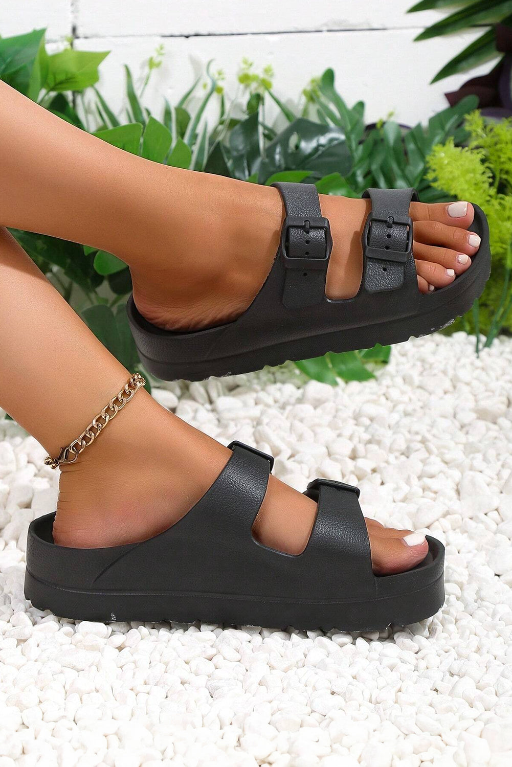 Black Double-buckle EVA Slippers Slippers JT's Designer Fashion