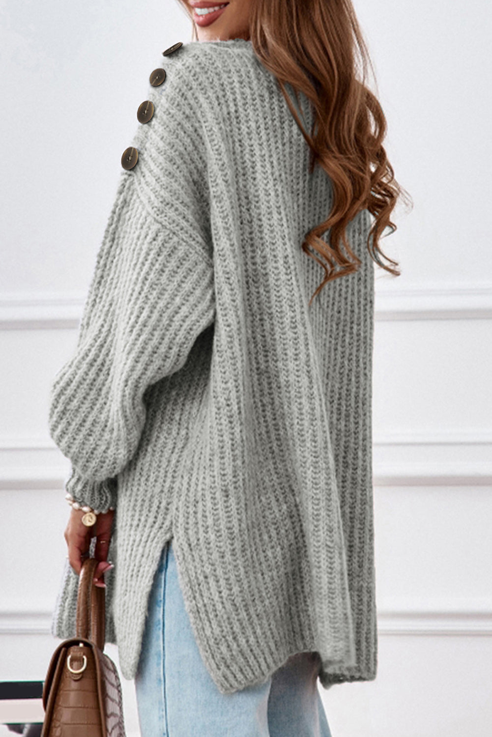 Gray Buttoned Drop Shoulder Oversized Sweater Sweaters & Cardigans JT's Designer Fashion