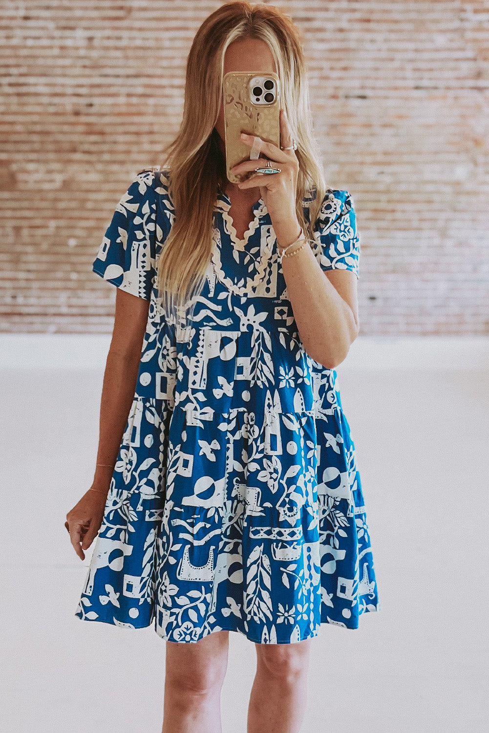 Blue Ricrac Trim Split Neck Floral Loose Dress Floral Dresses JT's Designer Fashion