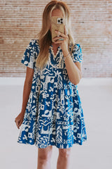 Blue Ricrac Trim Split Neck Floral Loose Dress Floral Dresses JT's Designer Fashion