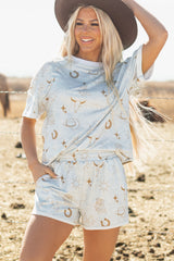 Gray Western Fashion Printed T Shirt Elastic Waist Shorts Set Short Sets JT's Designer Fashion