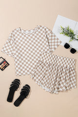 Brown Checkerboard T Shirt and High Waist Skorts 2 Piece Outfit Short Sets JT's Designer Fashion