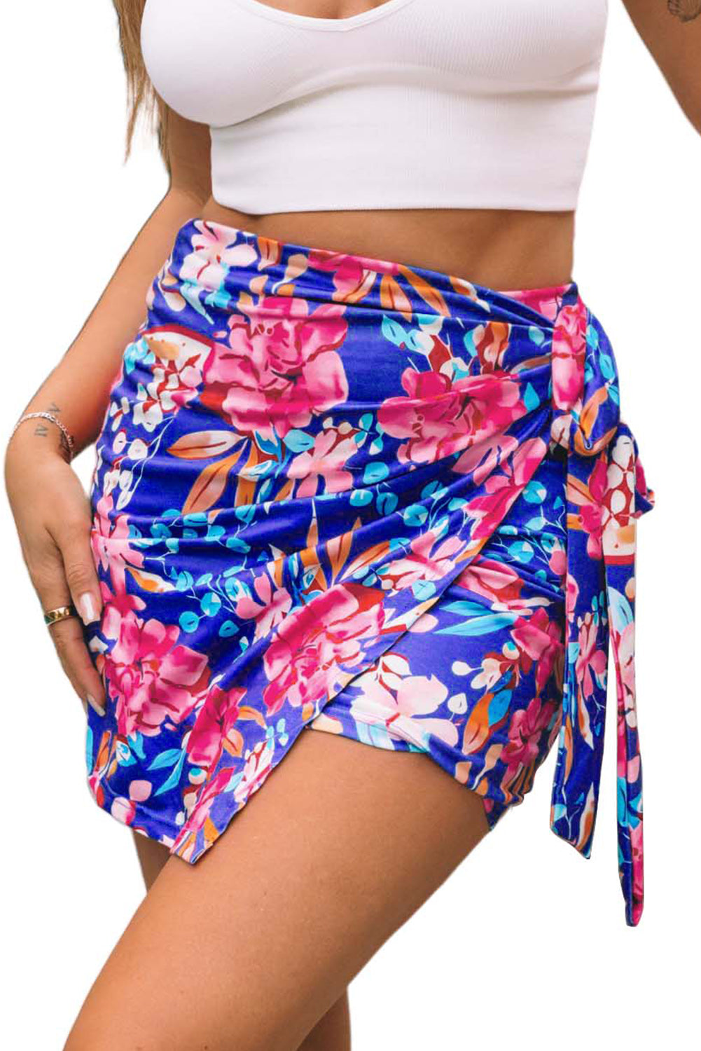 Blue Floral Print Lace-up High Waist Bodycon Mini Skirt Skirts & Petticoat JT's Designer Fashion