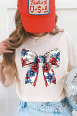 White July 4th Flower Bowknot Print Crew Neck T Shirt Graphic Tees JT's Designer Fashion