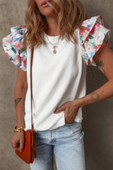 White Abstract Print Tiered Ruffled Sleeve Textured Knit Top Blouses & Shirts JT's Designer Fashion