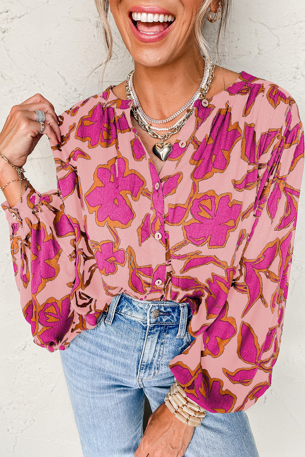 Pink Floral Print Batwing Sleeve Buttoned Loose Fit Shirt Pink 100%Viscose Blouses & Shirts JT's Designer Fashion