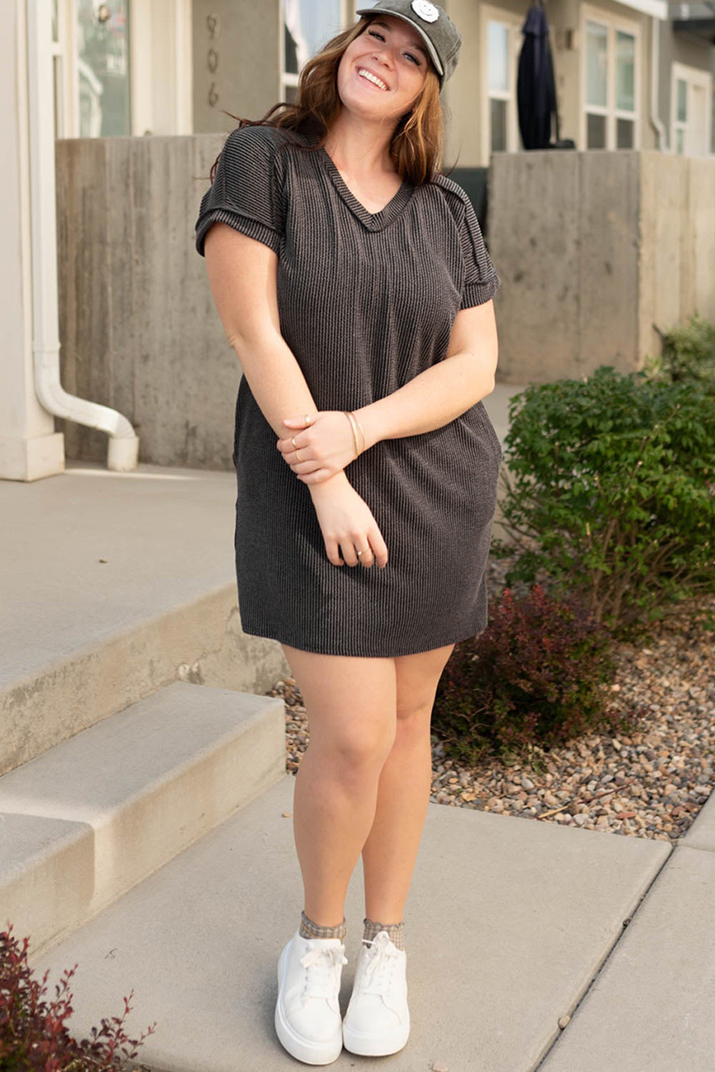 Carbon Grey Corded V Neck Plus Size T Shirt Dress with Pockets Plus Size Mini Dresses JT's Designer Fashion