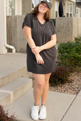 Carbon Grey Corded V Neck Plus Size T Shirt Dress with Pockets Plus Size Mini Dresses JT's Designer Fashion
