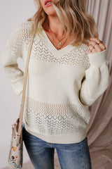 White Eyelet Pattern Detail V Neck Drop Shoulder Sweater White 100%Polyester Sweaters JT's Designer Fashion