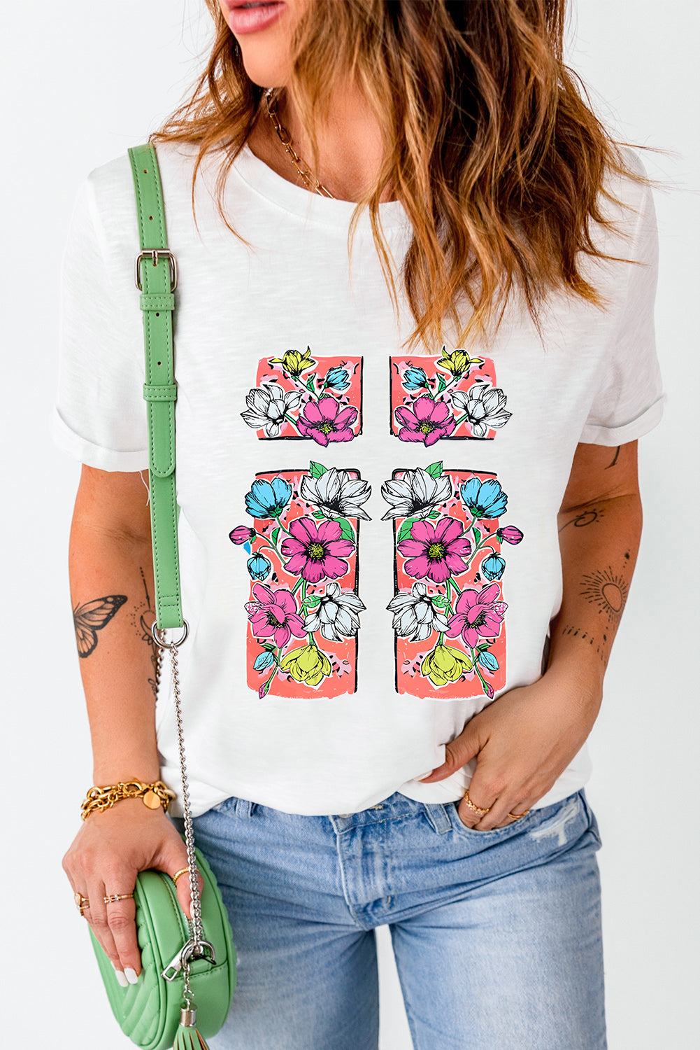 White Floral Crossed Graphic Easter Round Neck T Shirt Graphic Tees JT's Designer Fashion