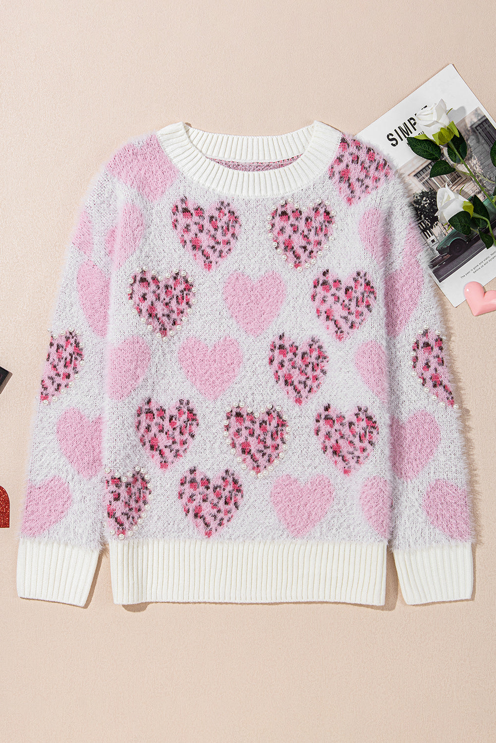 Pink Heart Leopard Print Pearled Ribbed Trim Fuzzy Sweater Sweaters JT's Designer Fashion