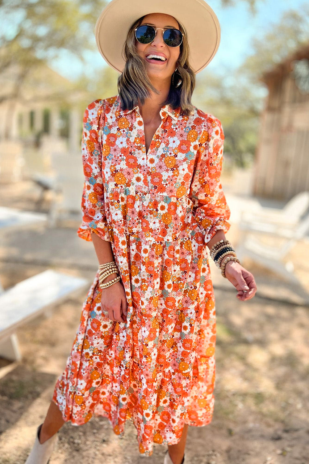 Multicolor Boho Floral Collared Long Sleeve Ruffled Dress Floral Dresses JT's Designer Fashion