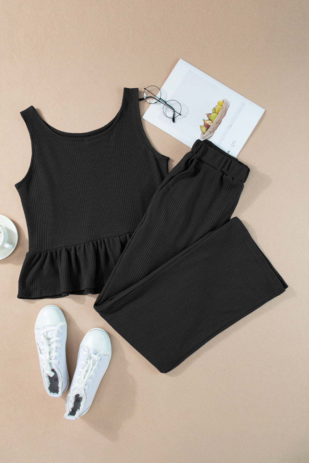 Black Solid Color Ribbed Ruffle Tank Top and Pants Set Pant Sets JT's Designer Fashion