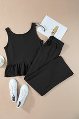 Black Solid Color Ribbed Ruffle Tank Top and Pants Set Pant Sets JT's Designer Fashion