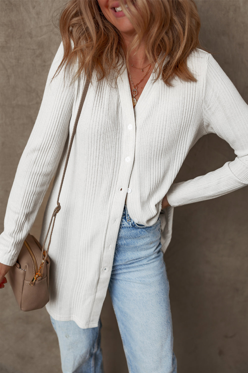 White Solid Color Ribbed Button up Tunic Cardigan Cardigans JT's Designer Fashion