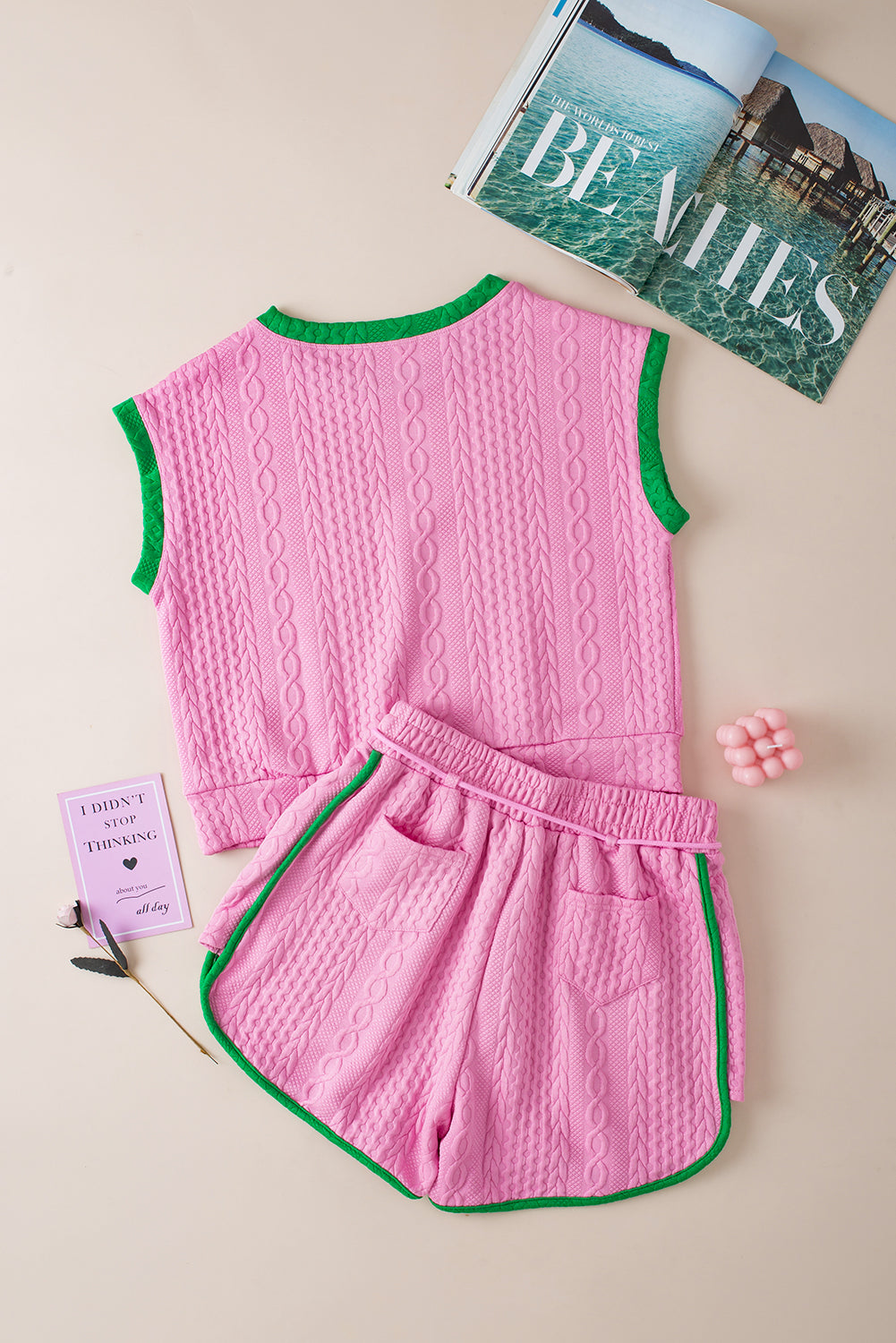 Pink Contrast Trim Cable Textured Shorts Set Short Sets JT's Designer Fashion