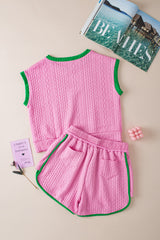 Pink Contrast Trim Cable Textured Shorts Set Short Sets JT's Designer Fashion