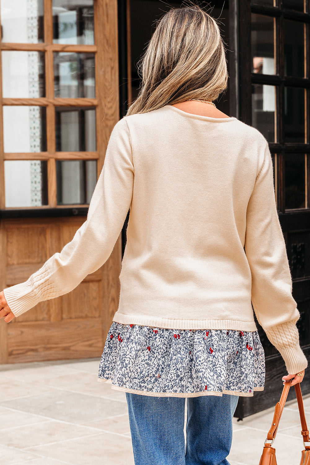 Beige Cable Texture Bohemian Ruffle Hem Patchwork Sweater Sweaters JT's Designer Fashion
