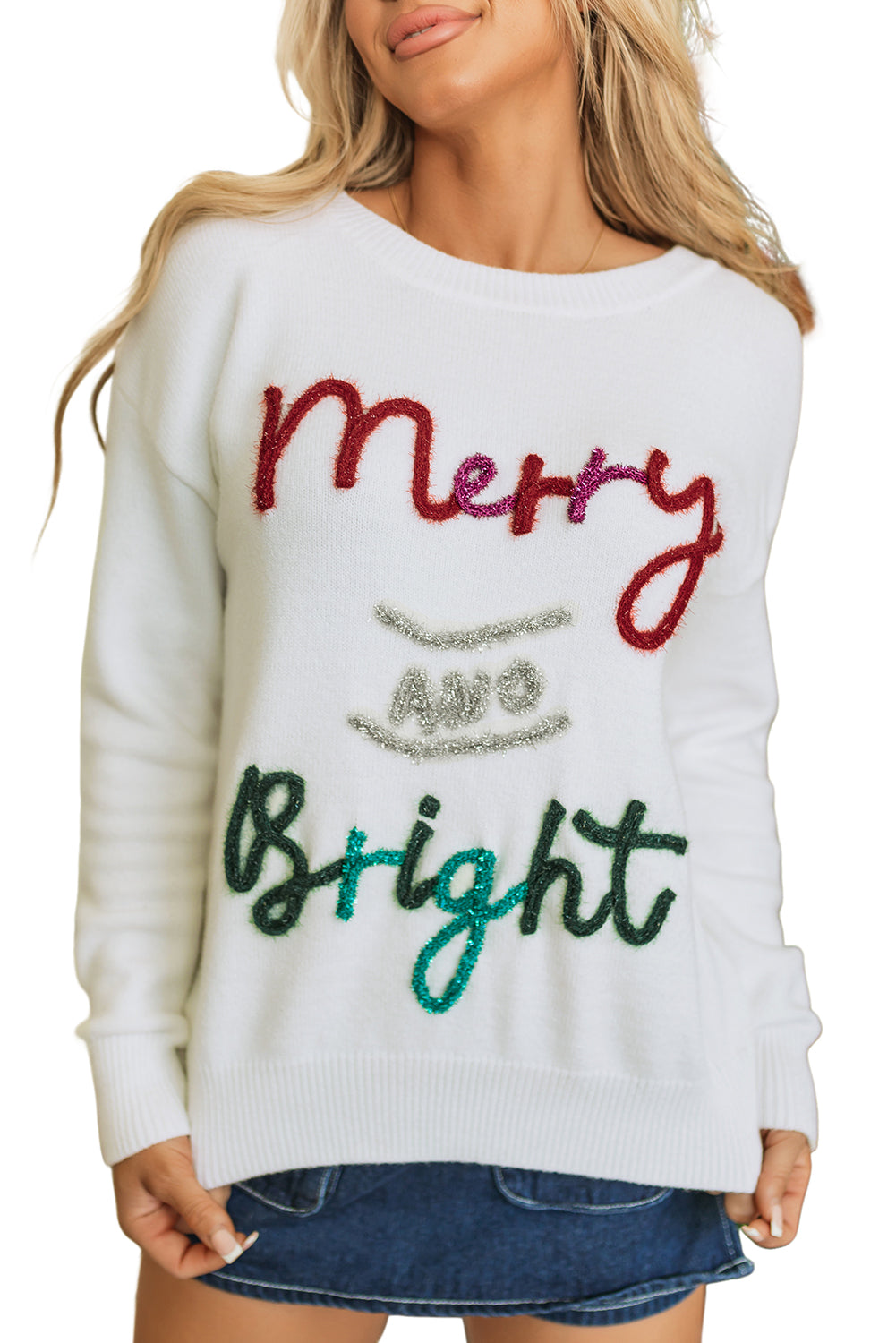White Tinsel Merry and Bright Graphic Christmas Sweater Sweaters JT's Designer Fashion