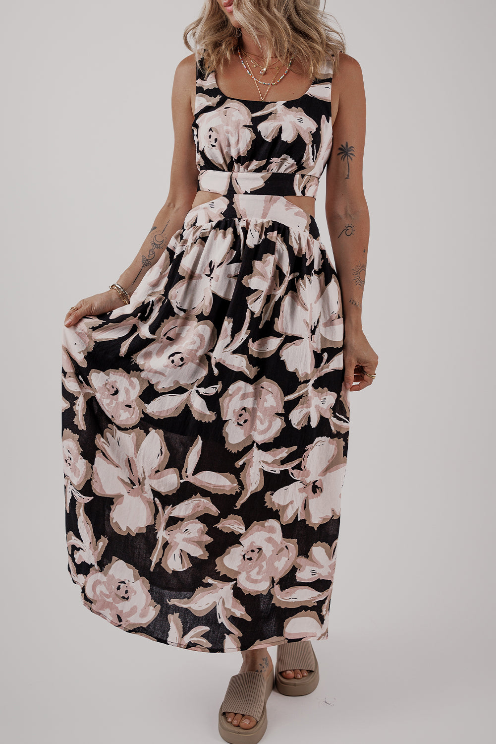 Black Floral Cutout Square Neck Knot Back Sleeveless Long Dress Maxi Dresses JT's Designer Fashion