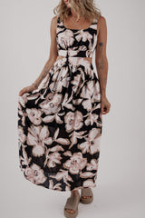 Black Floral Cutout Square Neck Knot Back Sleeveless Long Dress Maxi Dresses JT's Designer Fashion