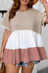 Beige Plus Size Color Block Lace Trim Ruffled Blouse Plus Size Blouses & Shirts JT's Designer Fashion