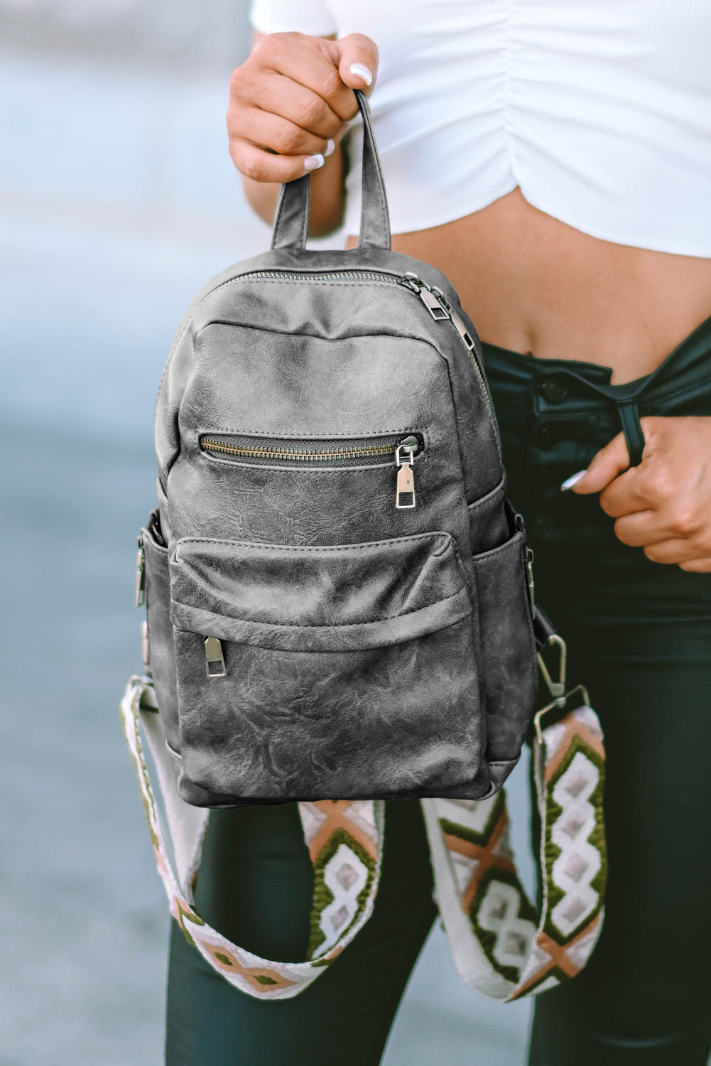 Gray Double Zipper Faux Leather Backpack Backpacks JT's Designer Fashion