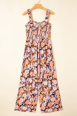 Black Floral Print Smocked High Waist Square Neck Jumpsuit Jumpsuits & Rompers JT's Designer Fashion