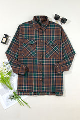 Brown Plaid Print Chest Pockets Buttoned Shirt Jacket Plaid Shackets JT's Designer Fashion