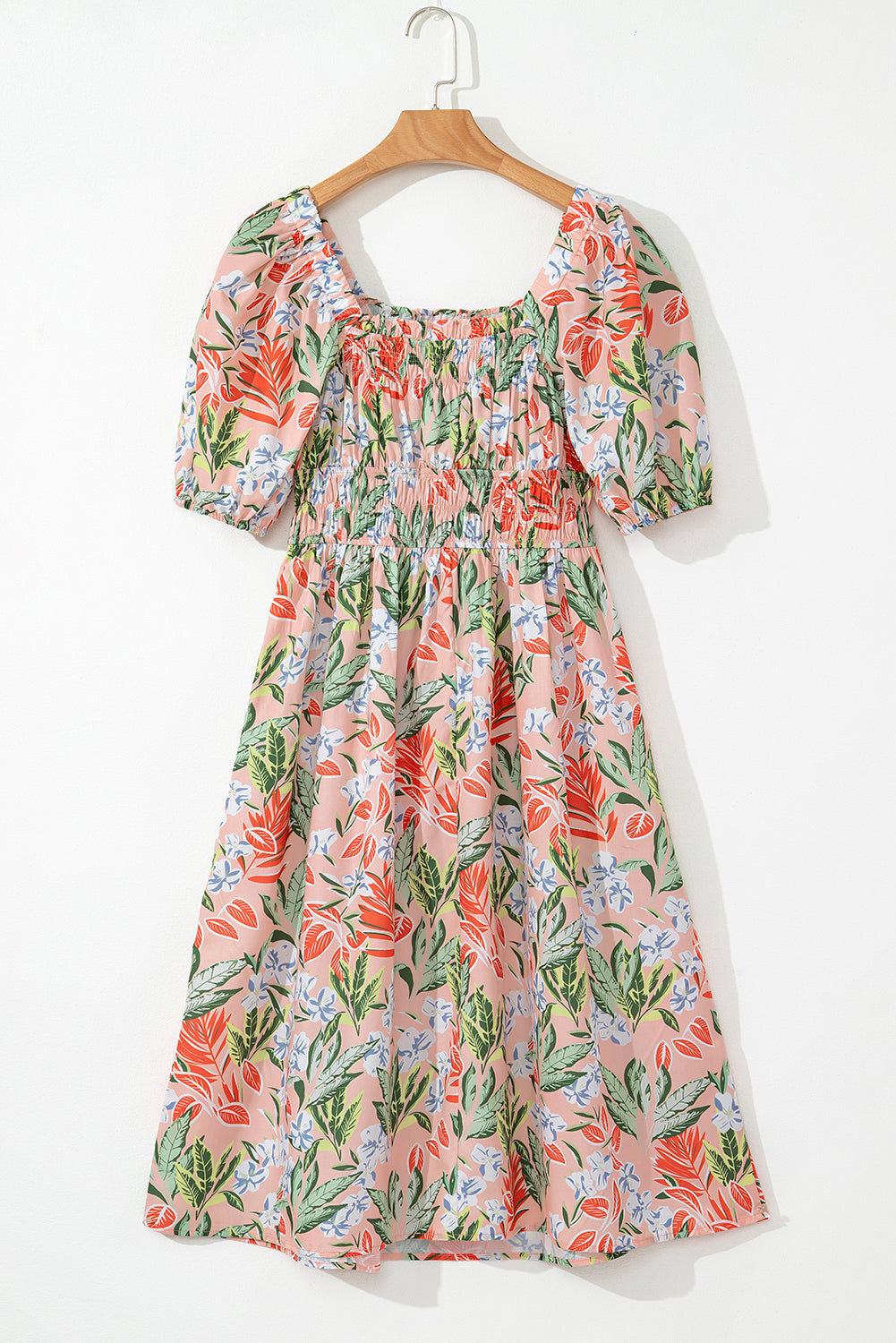 Apricot Pink Floral Smocked Bust Bubble Short Sleeve Long Dress Maxi Dresses JT's Designer Fashion