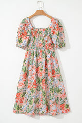 Apricot Pink Floral Smocked Bust Bubble Short Sleeve Long Dress Maxi Dresses JT's Designer Fashion