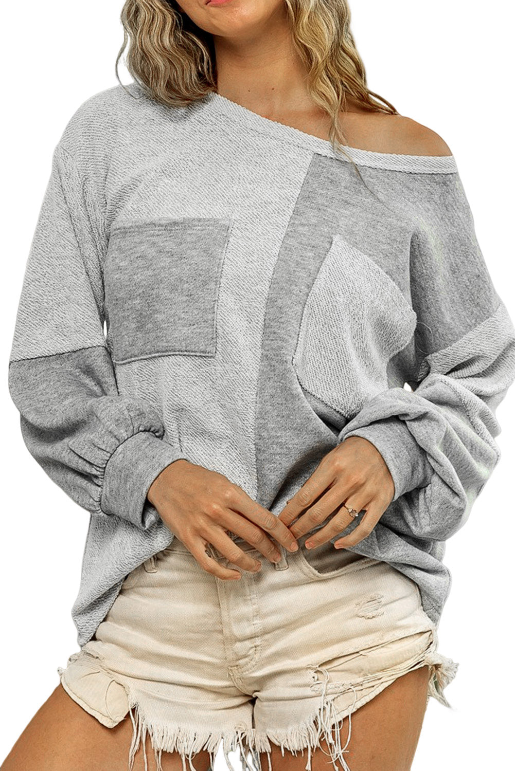 Gray Contrast Patchwork Double Chest Pocket Top Long Sleeve Tops JT's Designer Fashion
