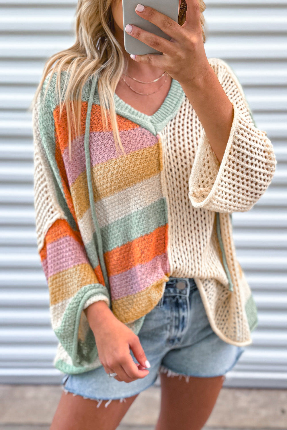 Beige Oversized Colorblock V Neck Hooded Sweater Sweaters & Cardigans JT's Designer Fashion