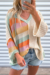 Beige Oversized Colorblock V Neck Hooded Sweater Sweaters & Cardigans JT's Designer Fashion