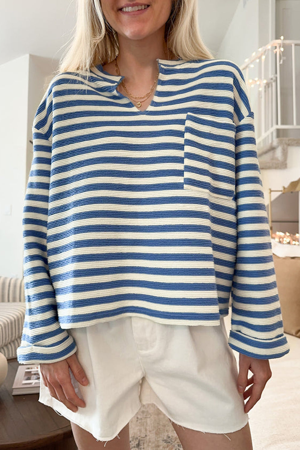 Sky Blue Stripe Chest Pocket Buttoned Back Notched V Neck Top Long Sleeve Tops JT's Designer Fashion