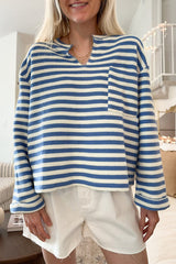 Sky Blue Stripe Chest Pocket Buttoned Back Notched V Neck Top Long Sleeve Tops JT's Designer Fashion