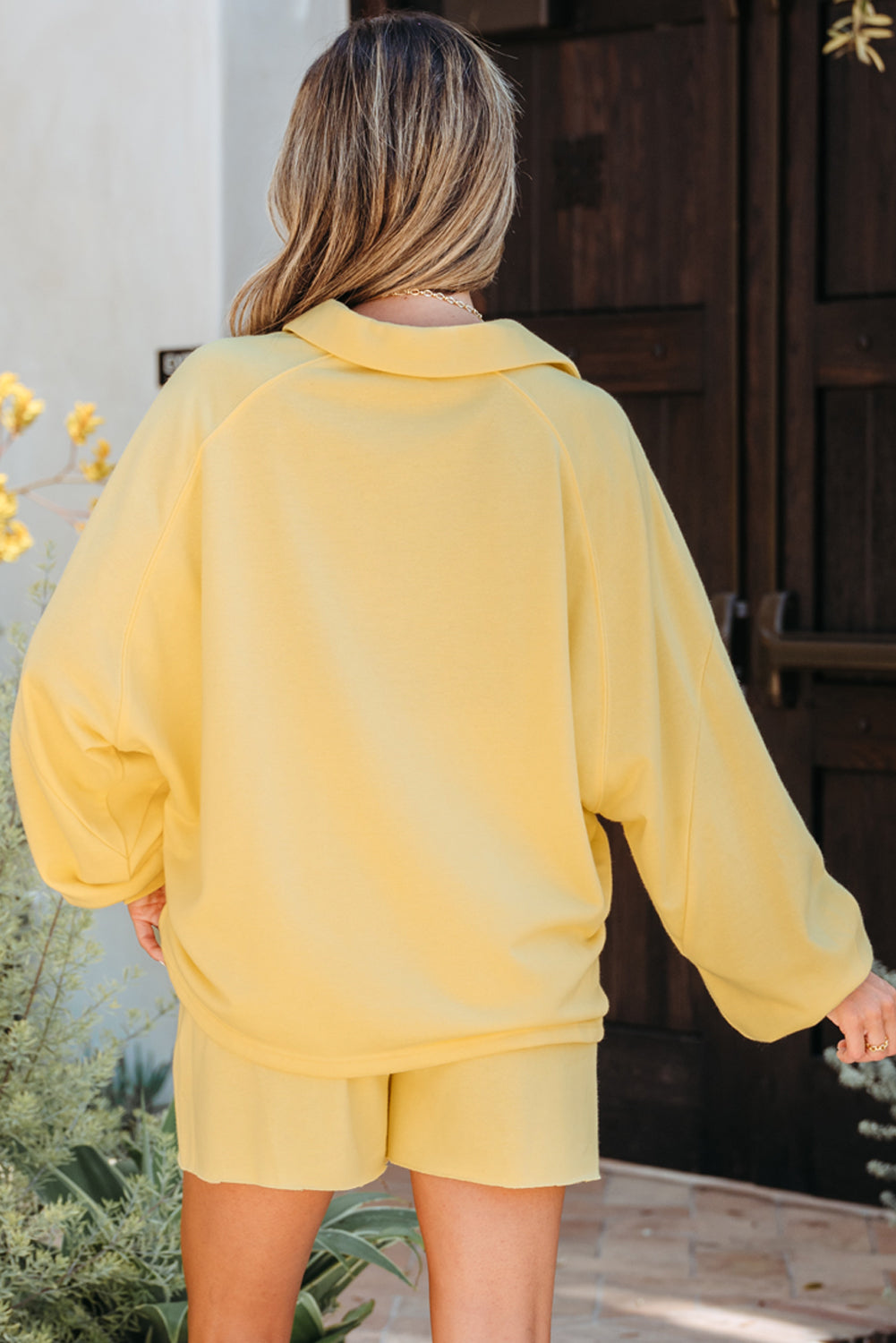 Yellow Cream Button Collar Drop Shoulder Pullover and Shorts 2pcs Outfit Short Sets JT's Designer Fashion