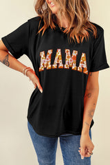 Black Flower Printed Mama Letter Graphic T-shirt Graphic Tees JT's Designer Fashion