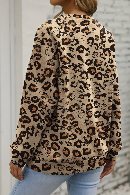 Brown Leopard Bleached Raglan Sleeve Pullover Sweatshirt Sweatshirts & Hoodies JT's Designer Fashion