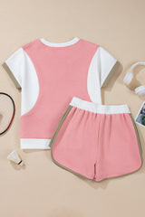 Pink Textured Colorblock Patchwork Tee Two Piece Shorts Set Short Sets JT's Designer Fashion