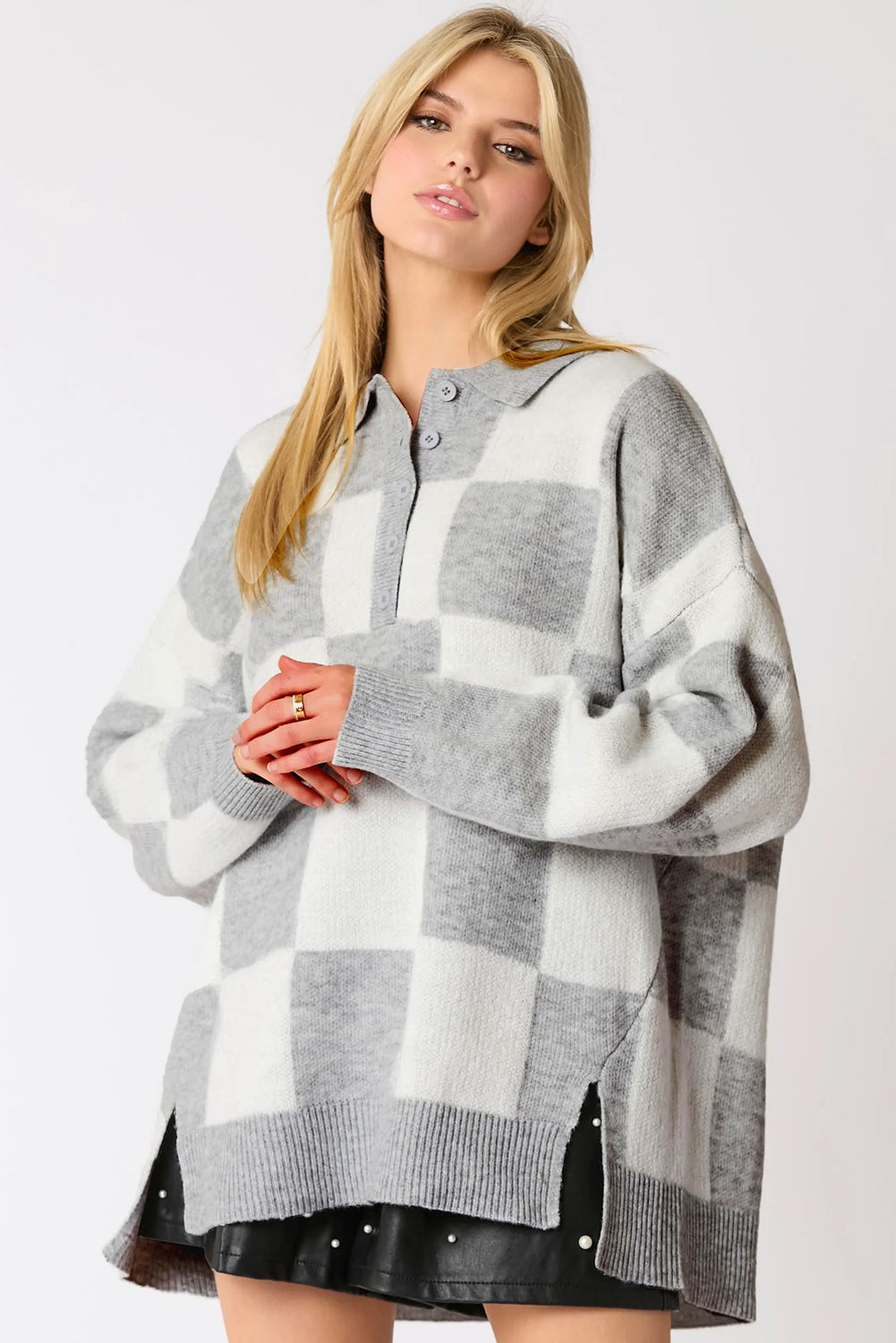 Gray Plus Size Checkered Pattern Button Polo Collar Split Sweater Plus Size Sweaters & Cardigans JT's Designer Fashion