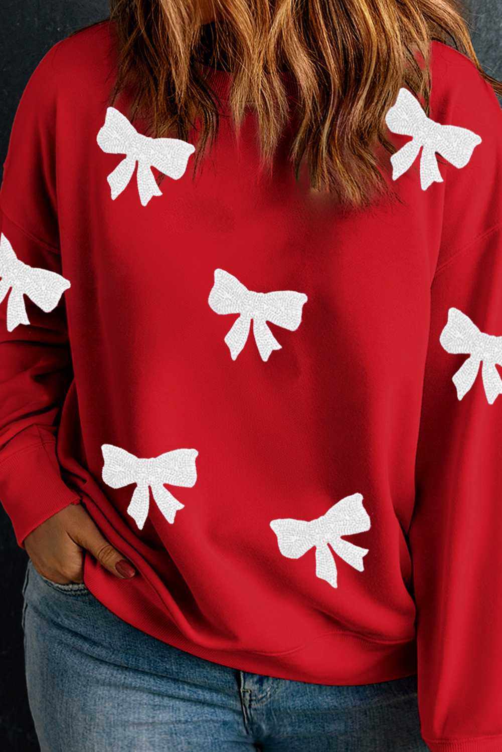 Racing Red Bow Pattern Drop Shoulder Plus Size Sweatshirt Racing Red 50%Polyester+50%Cotton Graphic Plus Size JT's Designer Fashion
