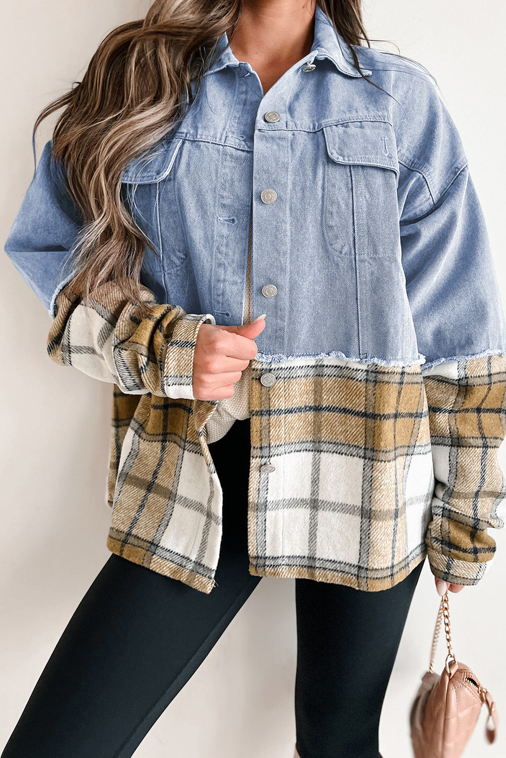 Khaki Plaid Patchwork Buttoned Oversized Denim Jacket Khaki 75%Cotton+25%Polyester Denim Jackets JT's Designer Fashion