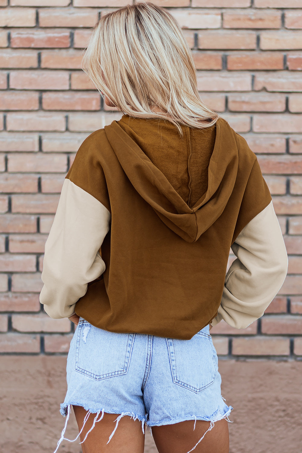 Chestnut Color Block Half Zip Kangaroo Pocketed Hoodie Sweatshirts & Hoodies JT's Designer Fashion