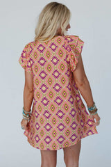 Orange Geometric Floral V Neck Buttoned Ruffled Sleeve Mini Dress Mini Dresses JT's Designer Fashion