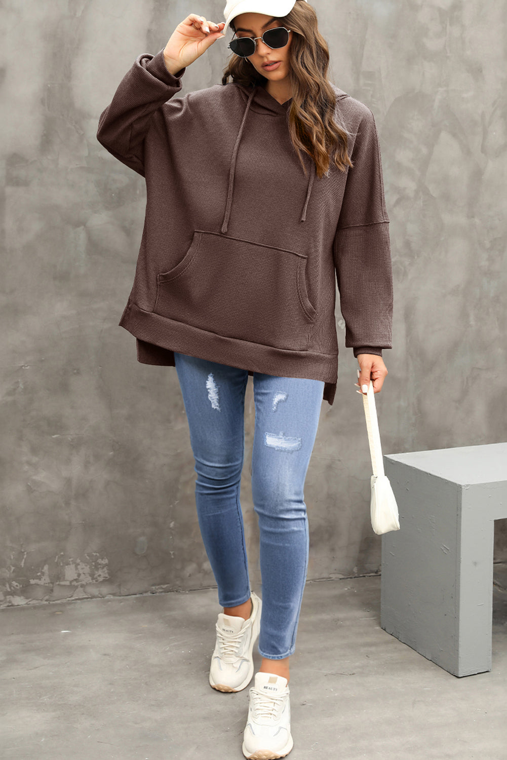 Coffee Waffle Knit Fleece Lined High Low Oversized Hoodie Sweatshirts & Hoodies JT's Designer Fashion