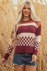 Brown Checkered Color Block Knitted Drop Shoulder Sweater Sweaters JT's Designer Fashion